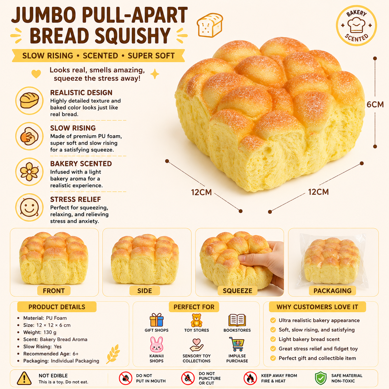 Jumbo Pull-Apart Bread Squishy – Slow Rising PU Foam Scented