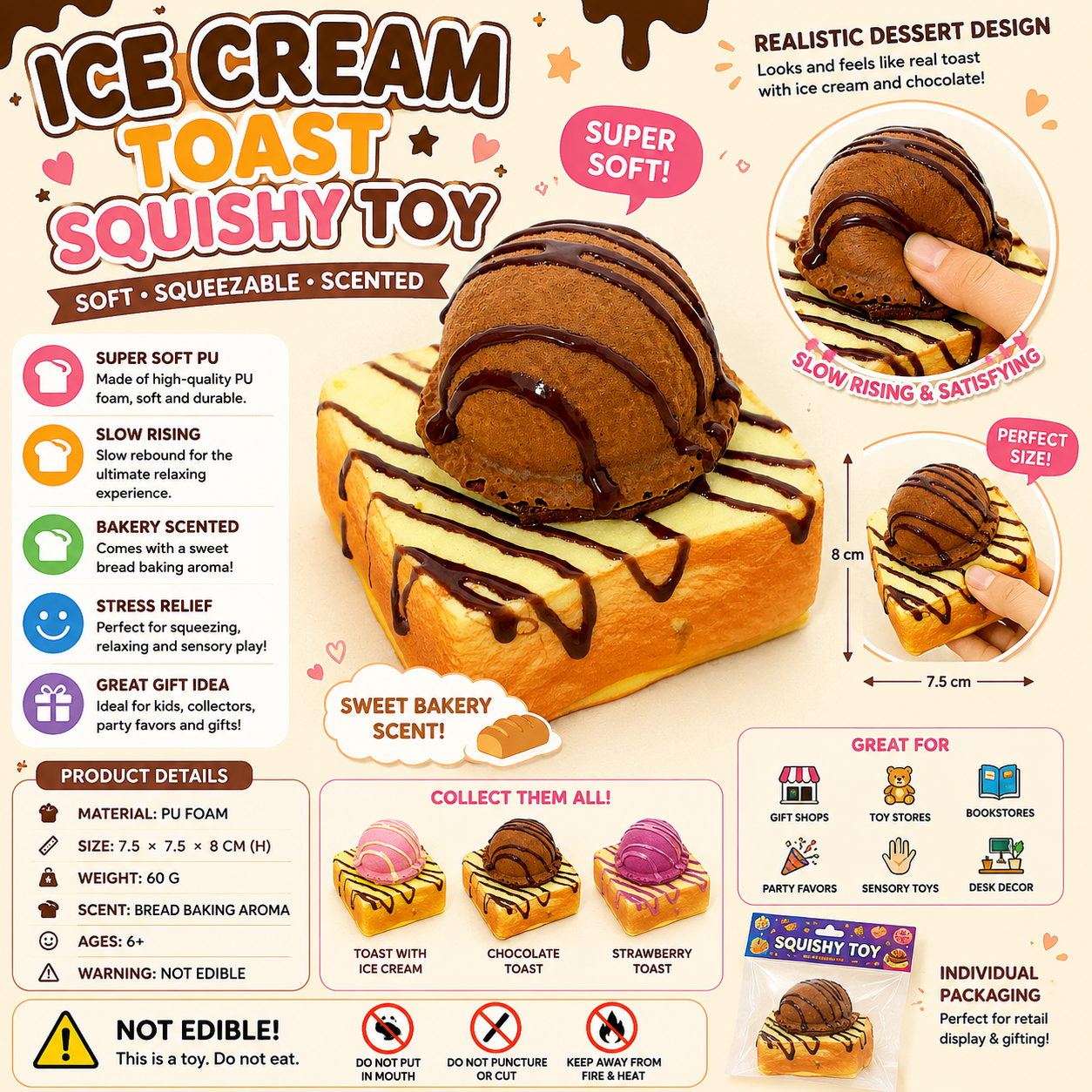 Chocolate Ice Cream Toast Slow Rising Squishy Toy | Scented